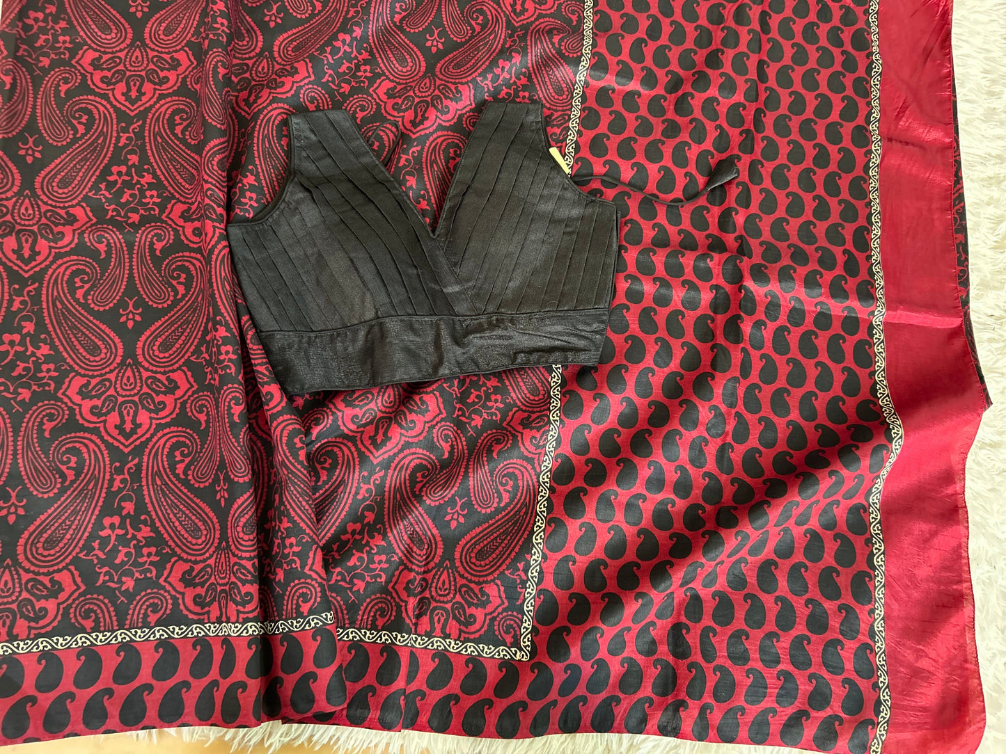 Marroon Tusser Saree with Black Digital Print