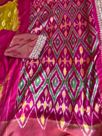 Pink ikkath Patola in Mustard Color