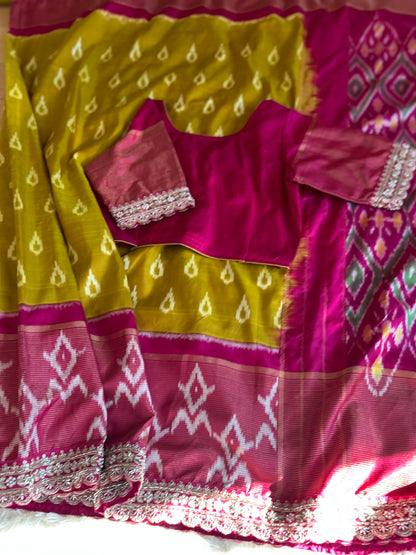 Pink ikkath Patola in Mustard Color