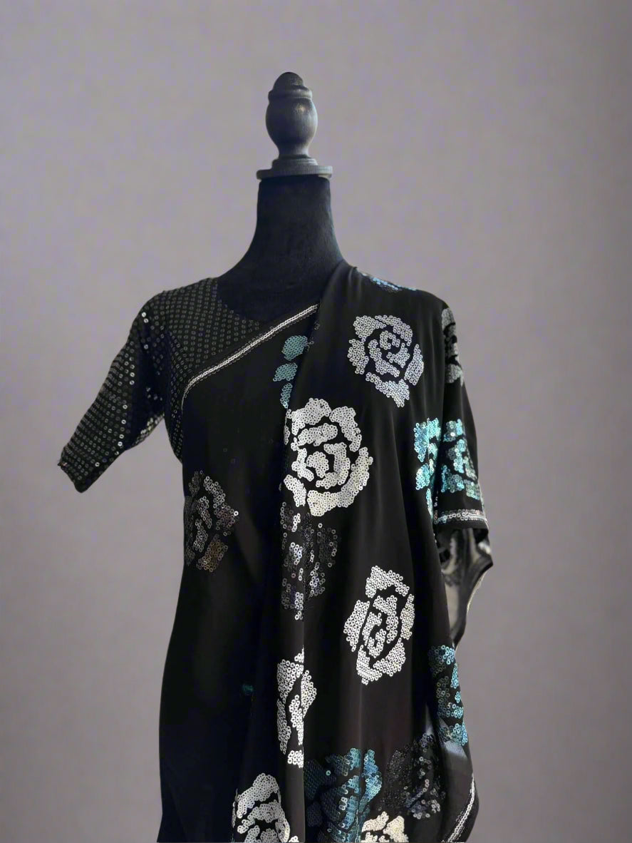 Black Georgette with Silver Roses - Cocktail Edition