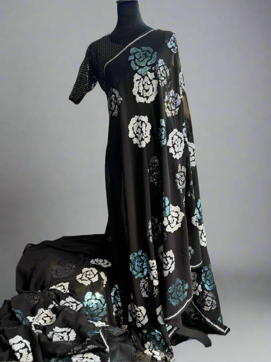 Black Georgette with Silver Roses - Cocktail Edition
