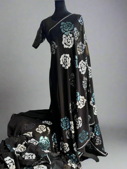 Black Georgette with Silver Roses - Cocktail Edition