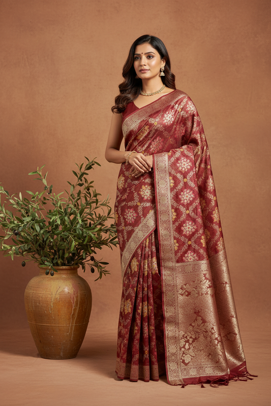 Khaddi Tissue Georgette Saree in Brick Red