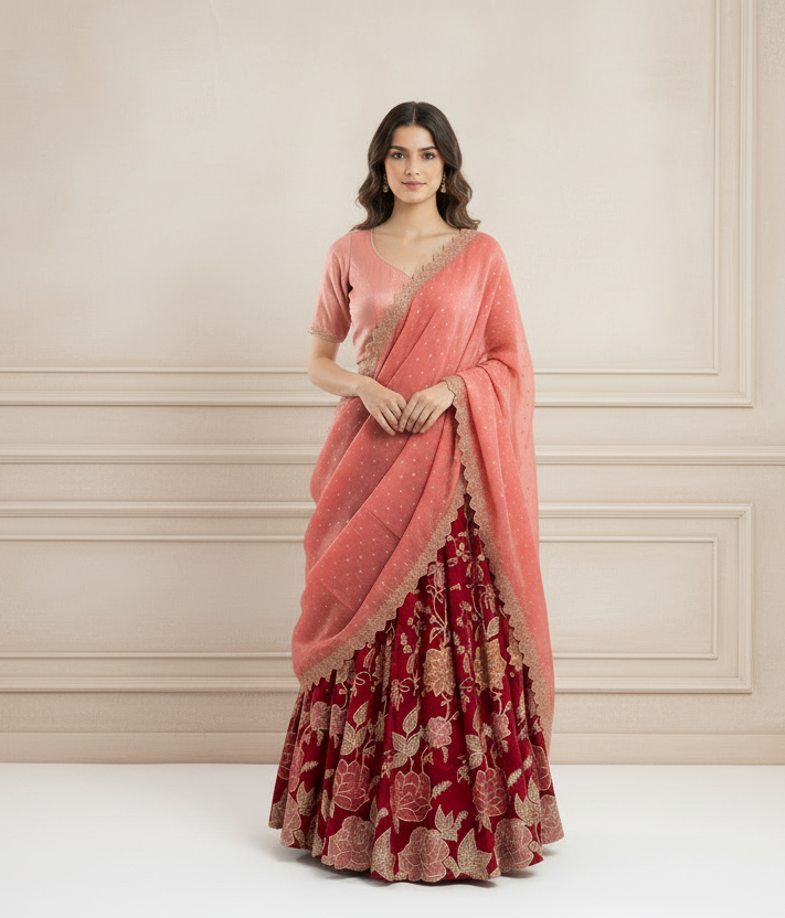 Red Flowy Lehanga