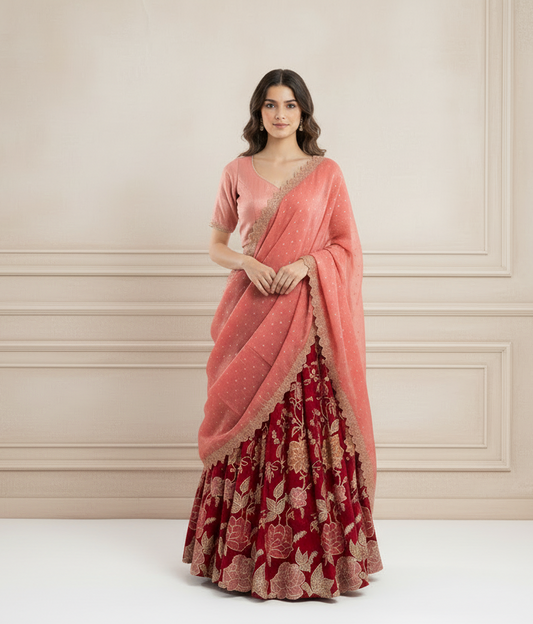 Red Flowy Lehanga