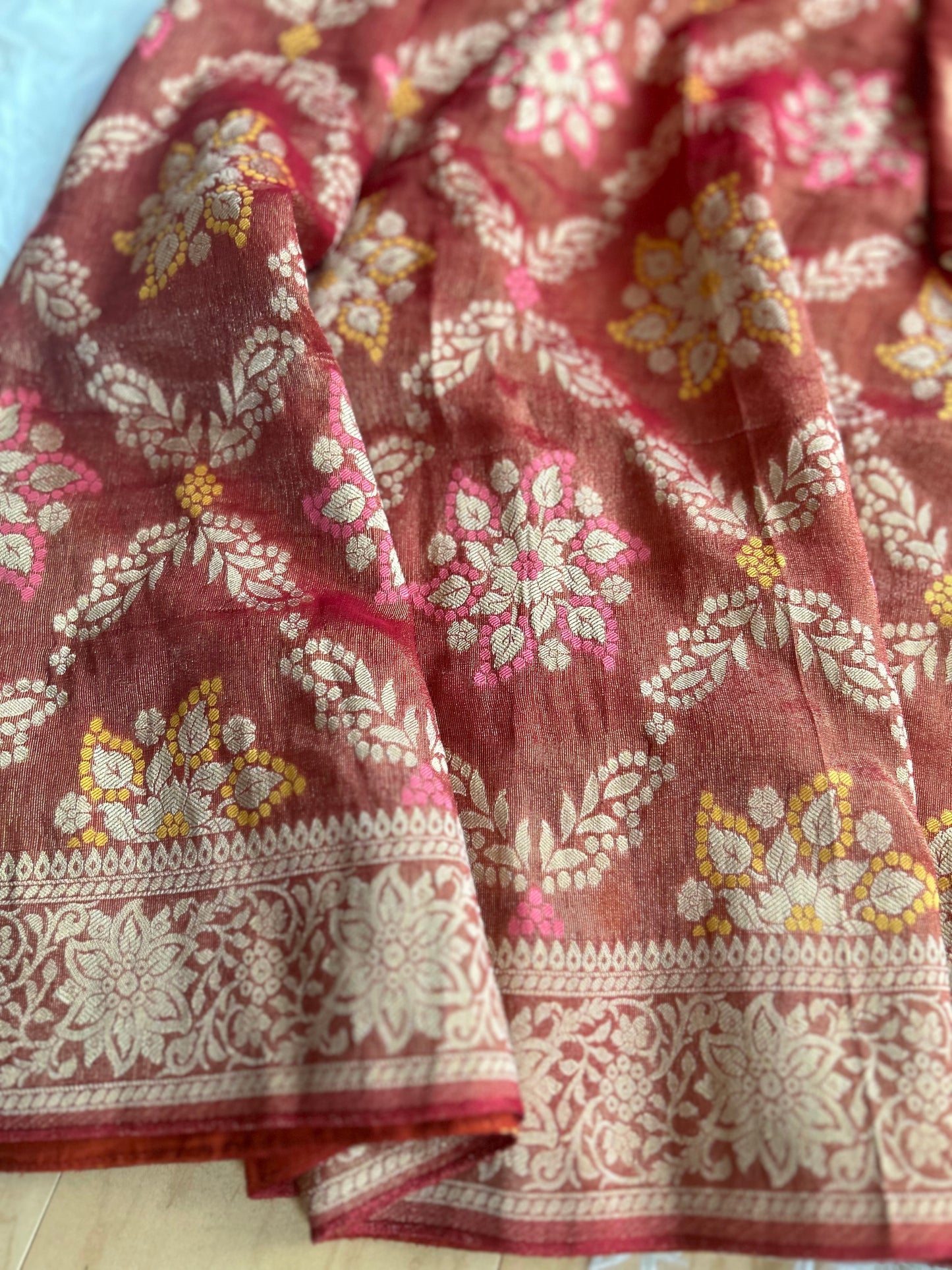 Khaddi Tissue Georgette Saree in Brick Red