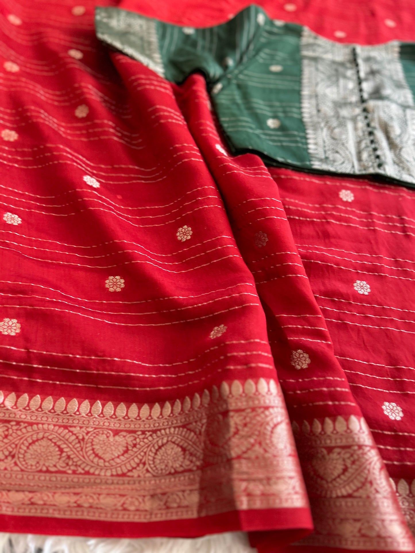Chiffon Saree in Red with Green Blouse