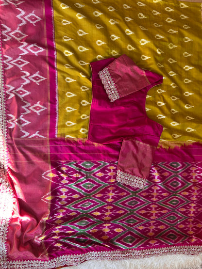 Pink ikkath Patola in Mustard Color