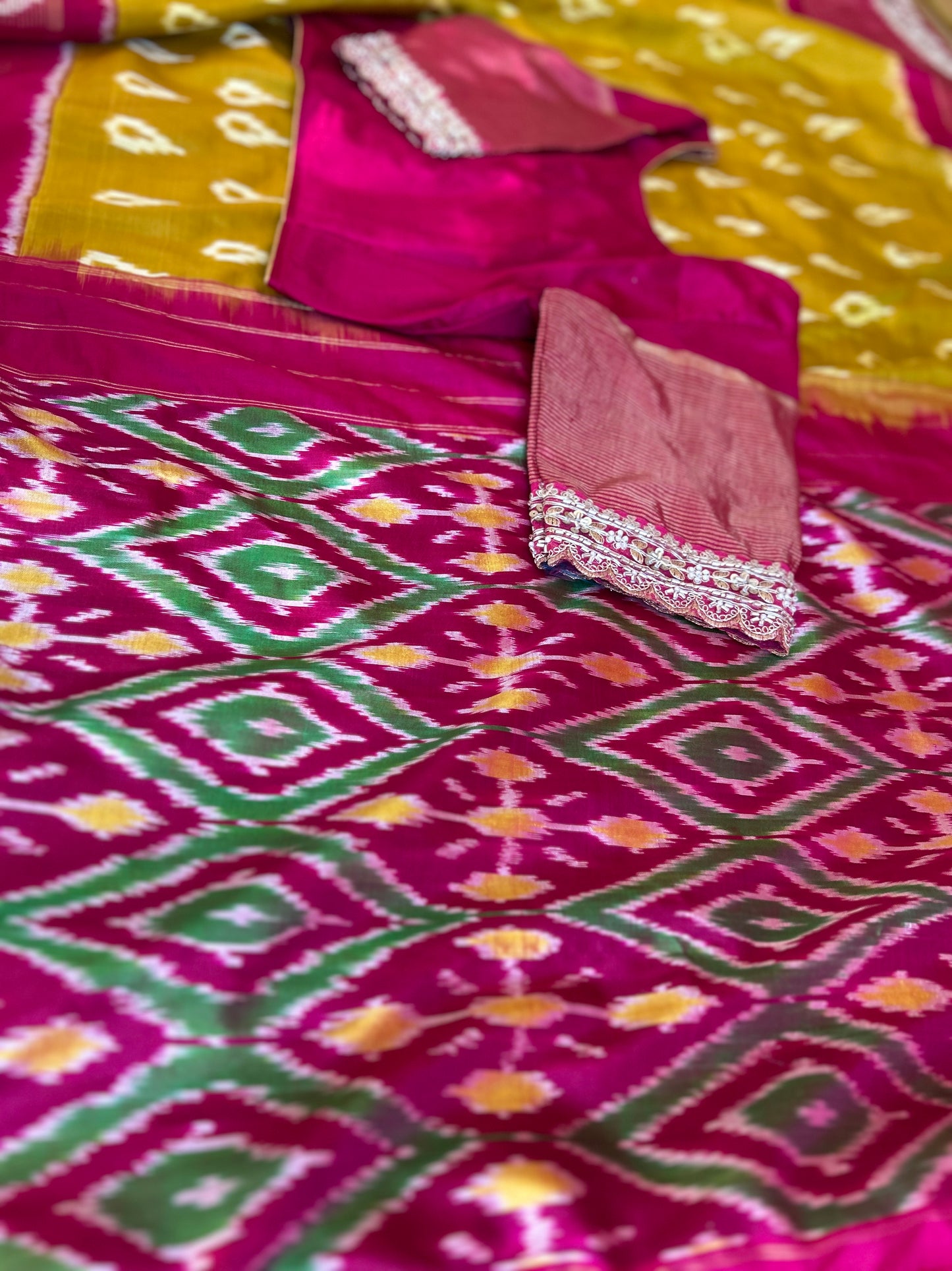 Pink ikkath Patola in Mustard Color