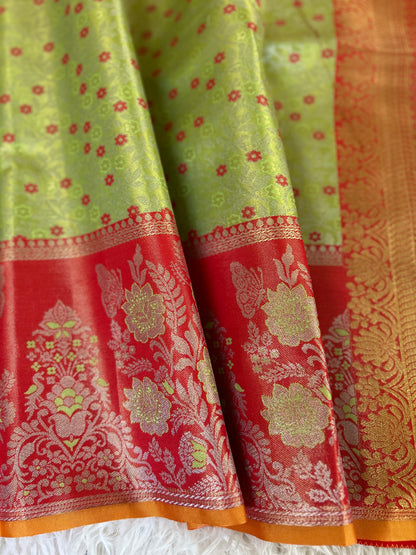 Designer Tissue Banarasi Saree in Green with Orange Border