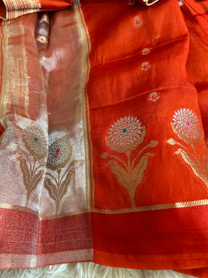 Designer Banarasi Tissue saree - Rust orange