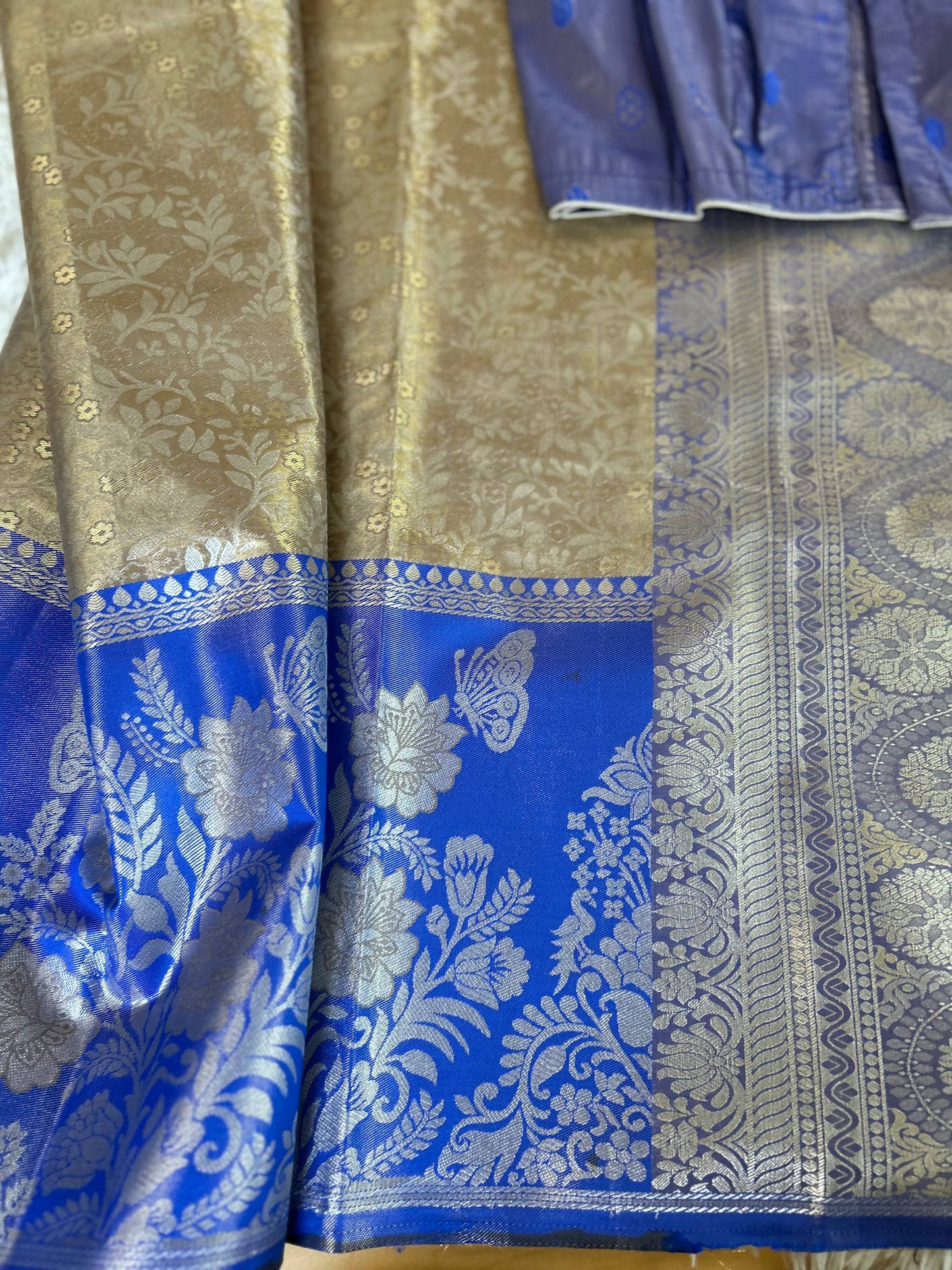Designer Tissue Banarasi Saree in Gold with Royal Blue Border