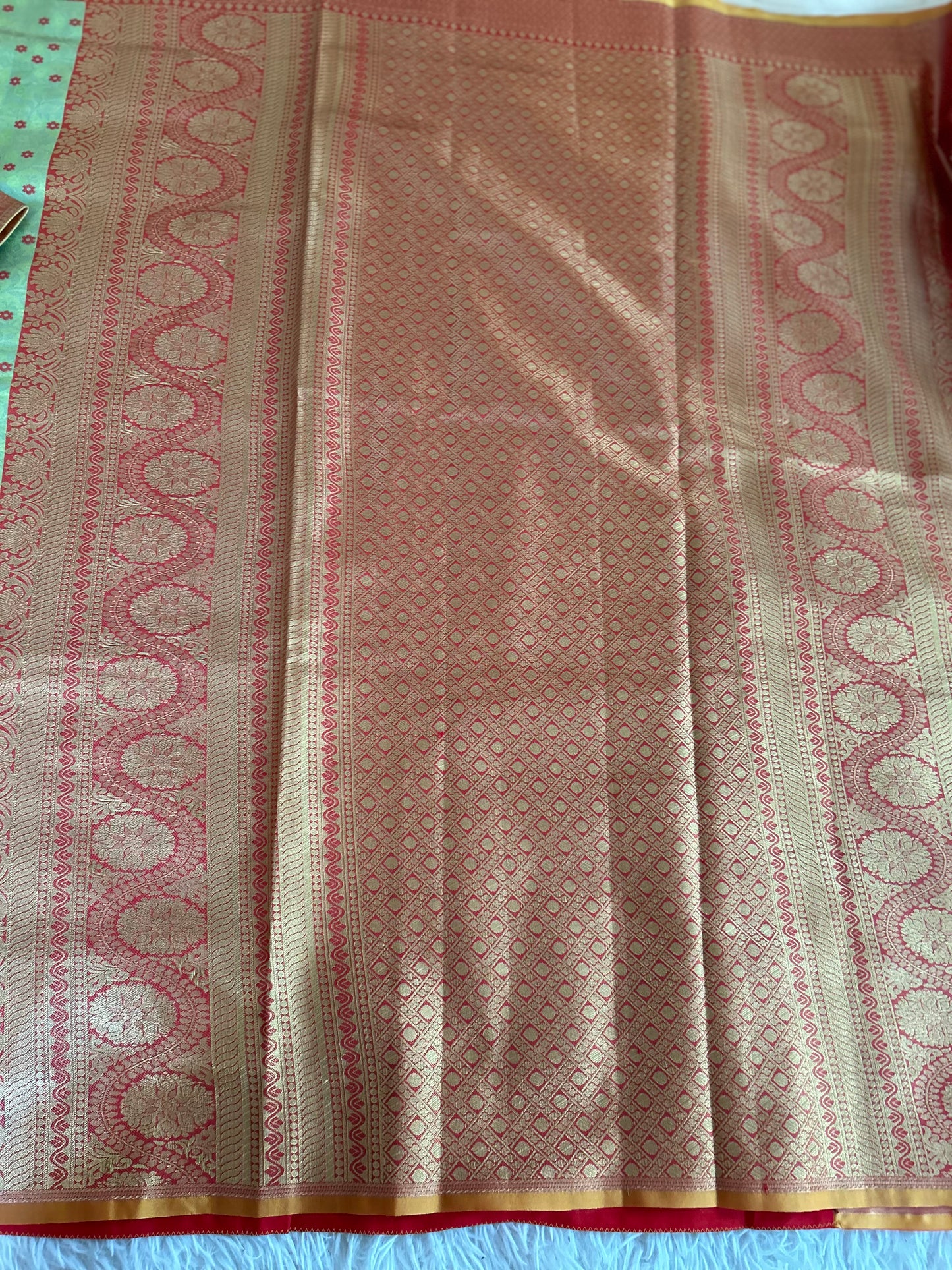 Designer Tissue Banarasi Saree in Green with Orange Border