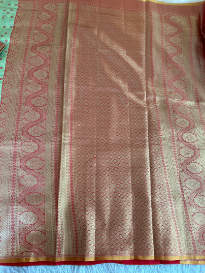 Designer Tissue Banarasi Saree in Green with Orange Border