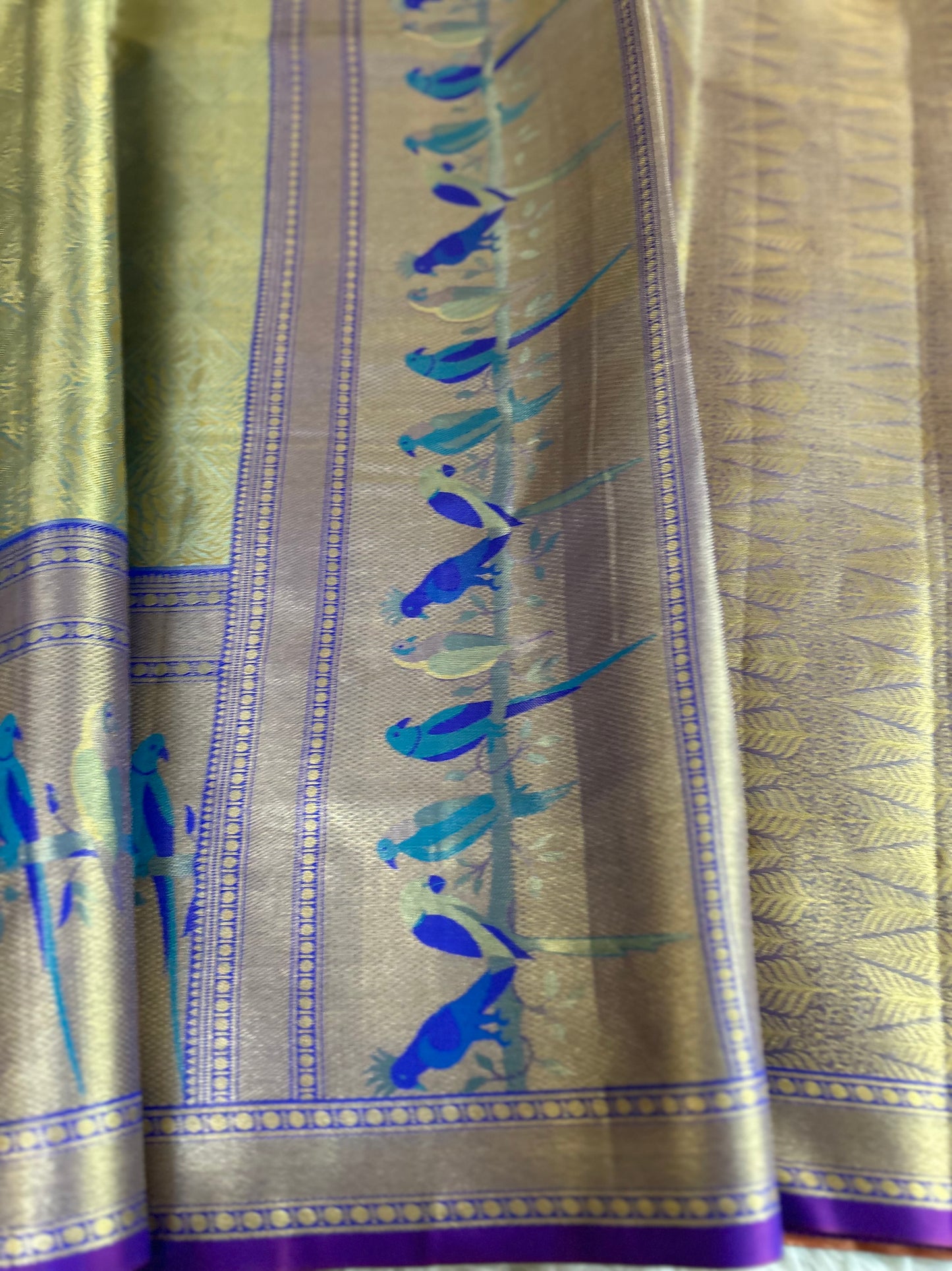 Designer Tissue Banarasi Saree in Green with Violet Border