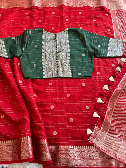 Chiffon Saree in Red with Green Blouse