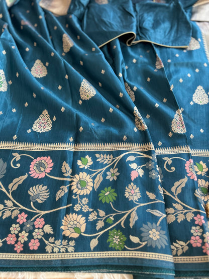 Peacock Blue Banarasi Saree in Moonga Silk