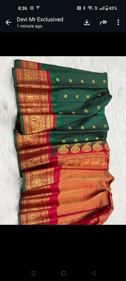 Green Checks Gadwal saree with Red border(Pure)