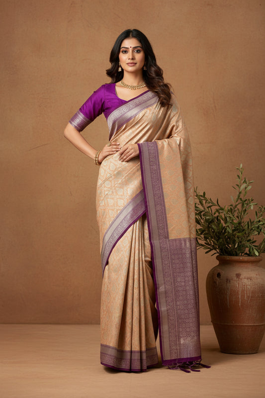 Soft Banarasi Saree in Peach with purple border