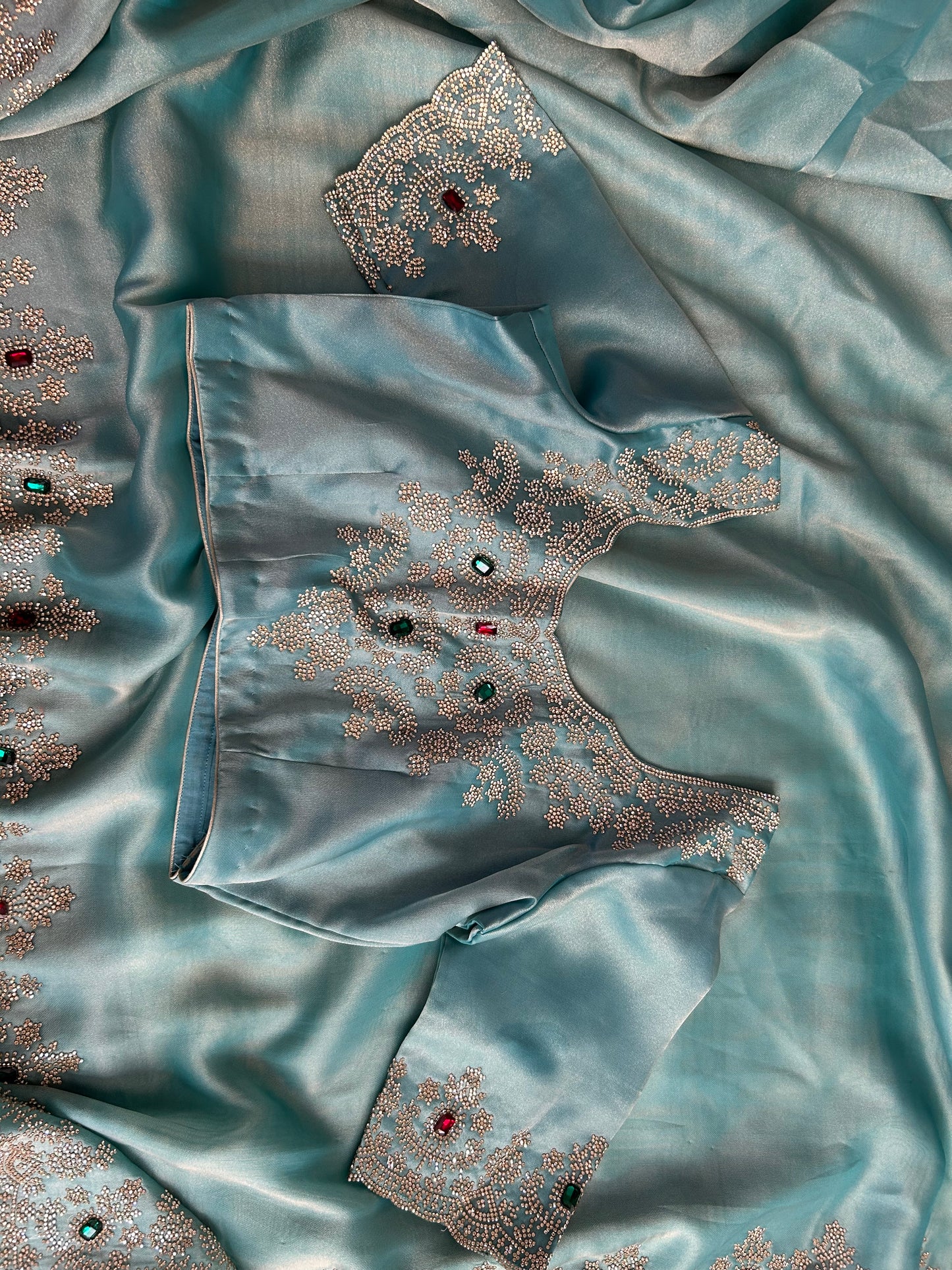 Pastel Blue Tissue Saree with stitched Blouse