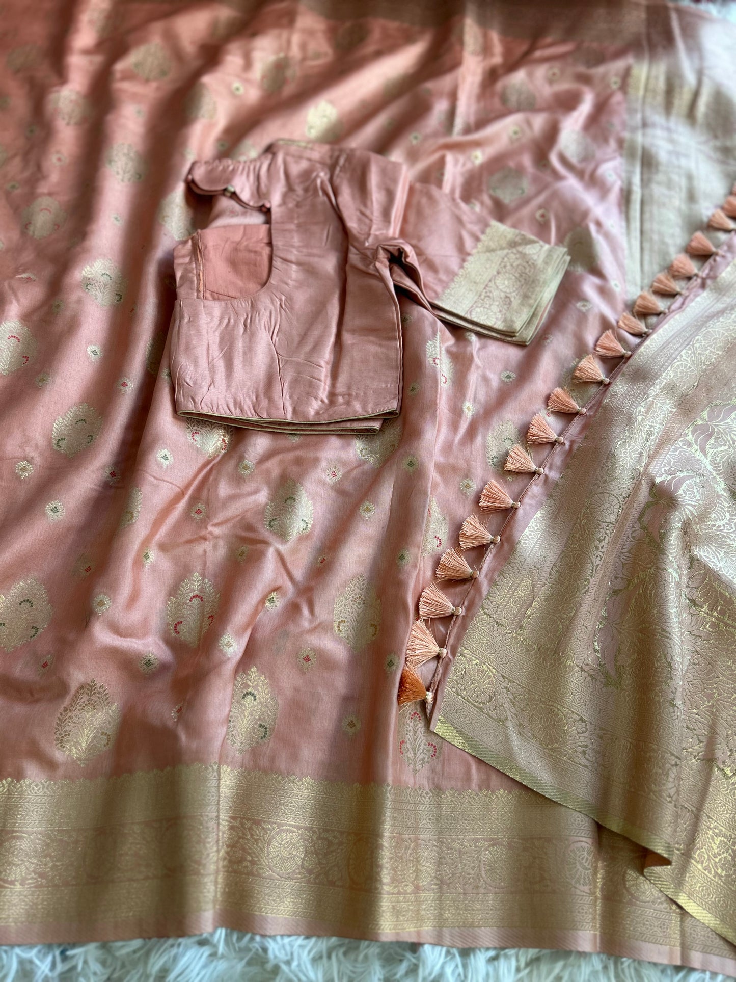 Peach color Banarasi Moonga Silk Saree