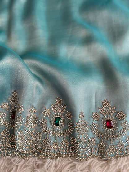 Pastel Blue Tissue Saree with stitched Blouse