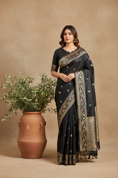 Black Tusser Georgette saree