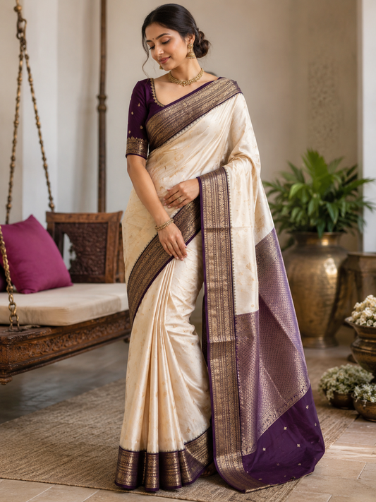 Cream Kanchipuram Saree with Purple Border.