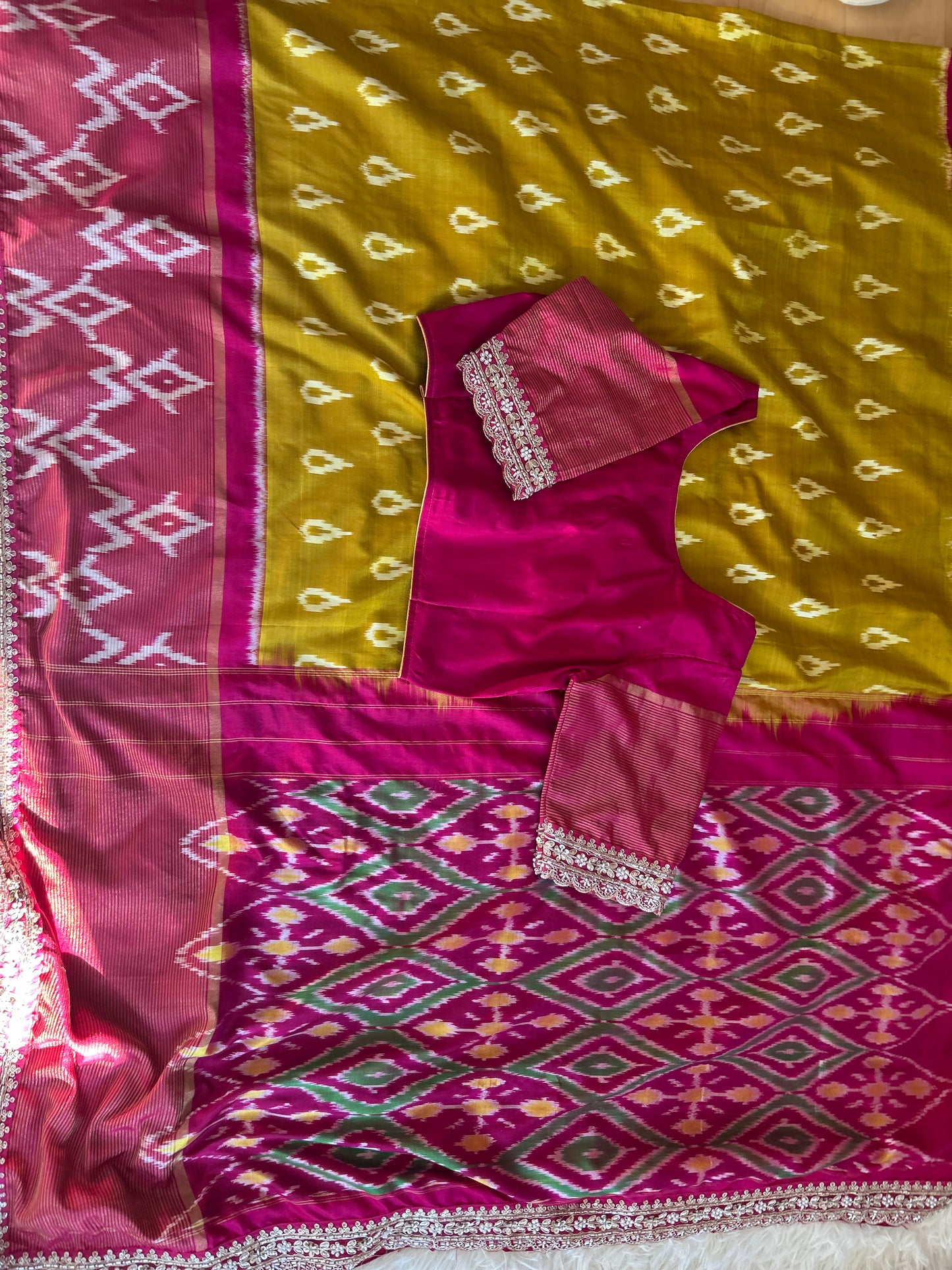 Pink ikkath Patola in Mustard Color