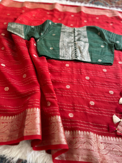Chiffon Saree in Red with Green Blouse
