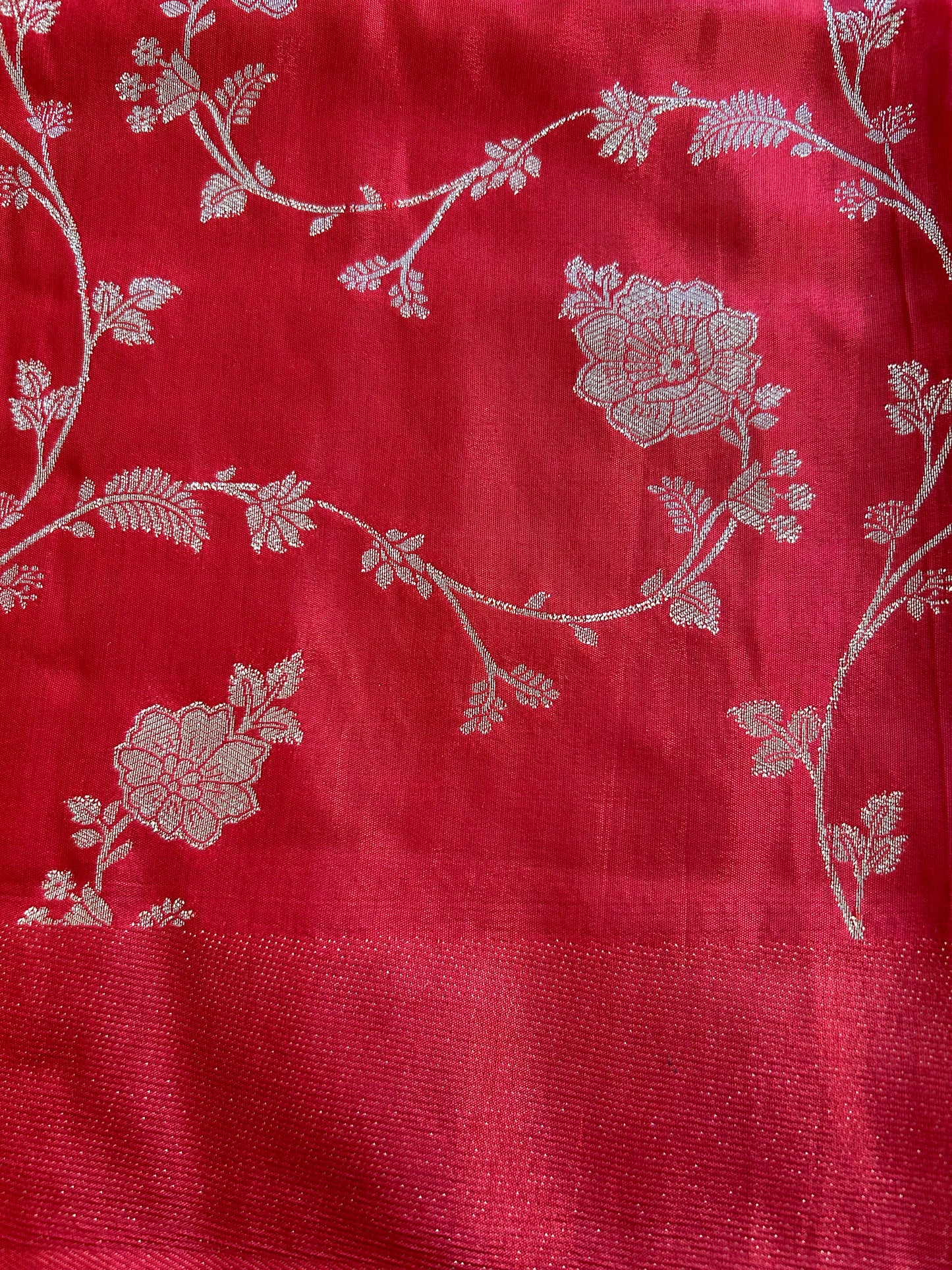 Red on Red Broderless Moonga Silk Saree