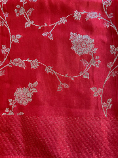Red on Red Broderless Moonga Silk Saree