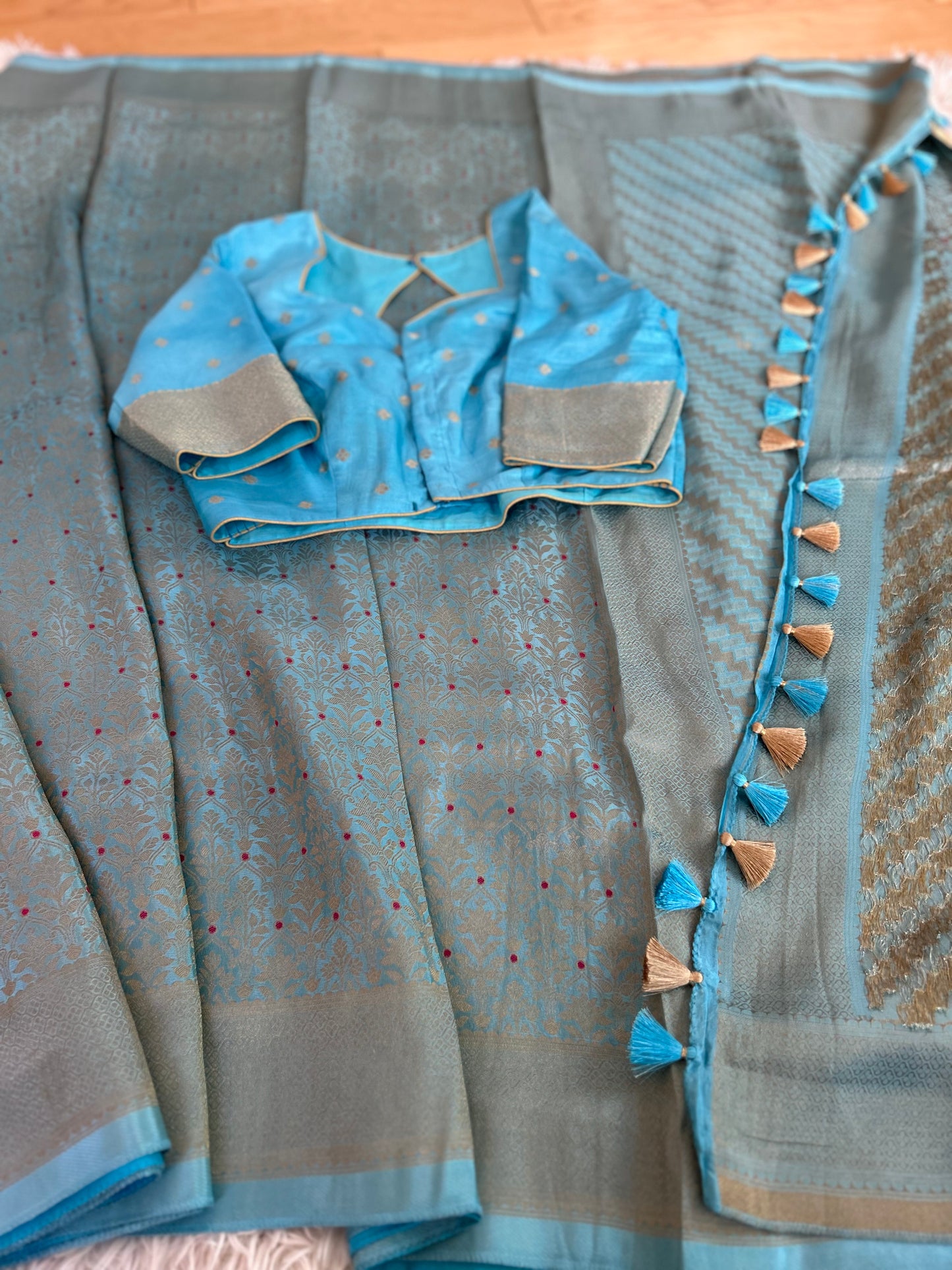 Pure Crepe Brocade Saree in Pastel Blue