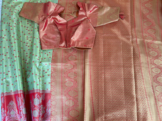 Designer Tissue Banarasi Saree in Green with Orange Border