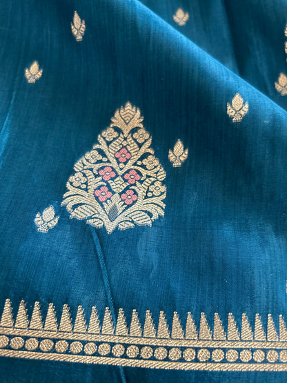 Peacock Blue Banarasi Saree in Moonga Silk