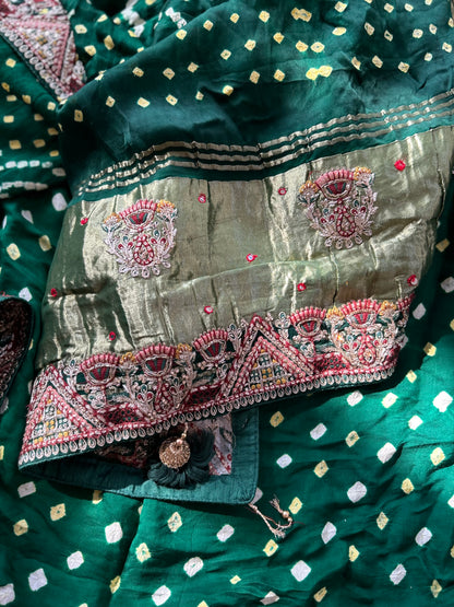 Dark Green Modal silk Bandhini saree with embroidered Border