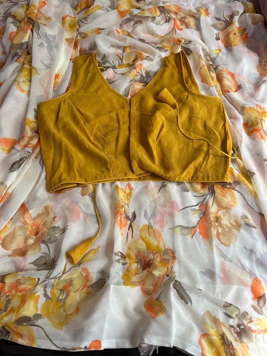 Creme color Floral saree with yellow floral print