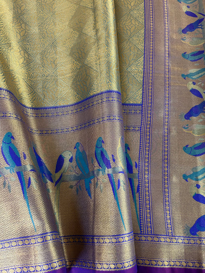 Designer Tissue Banarasi Saree in Green with Violet Border