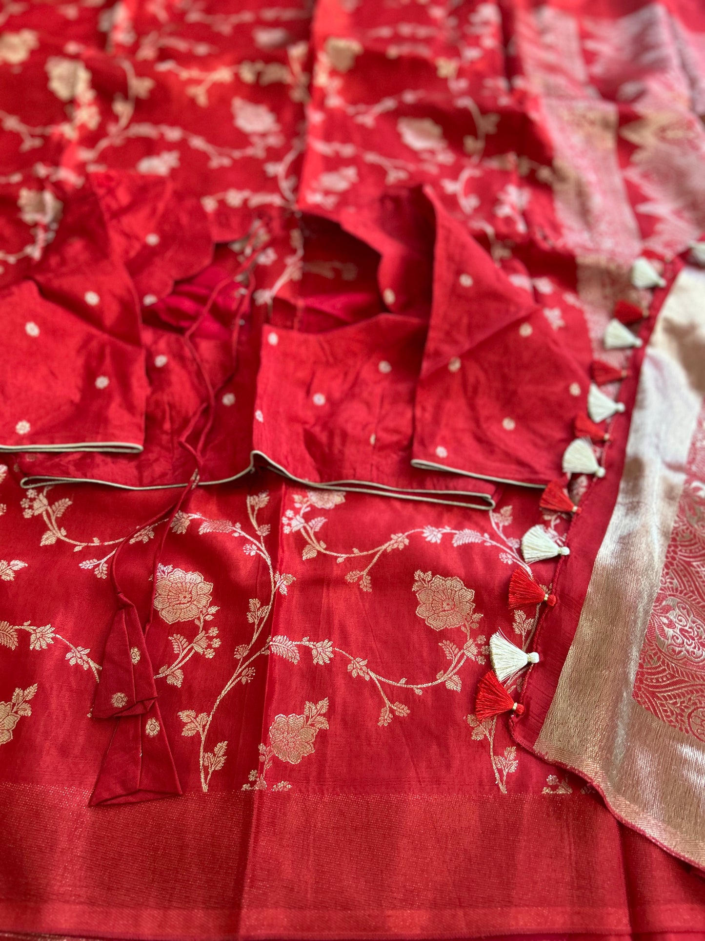 Red on Red Broderless Moonga Silk Saree