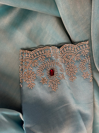 Pastel Blue Tissue Saree with stitched Blouse