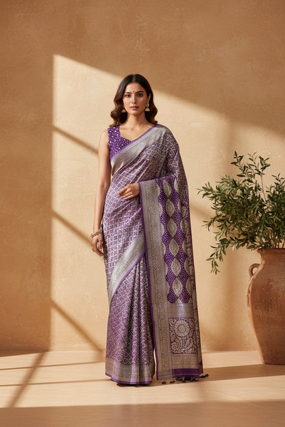 Khaddi Georgette in Purple with Bandhini design