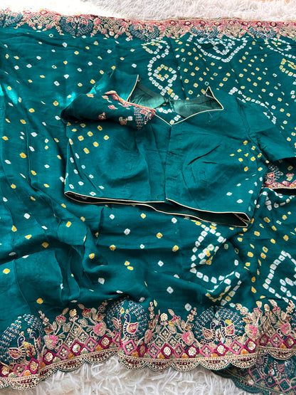 Peacock green Modal silk Bandhini Saree with Embroidered border