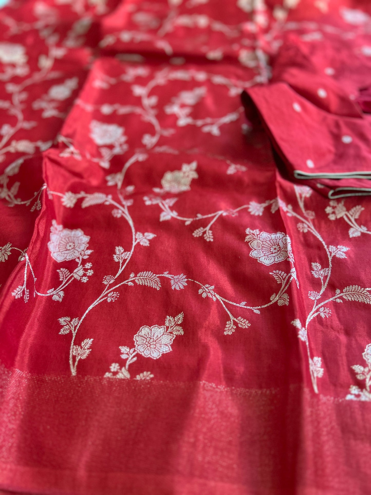 Red on Red Broderless Moonga Silk Saree