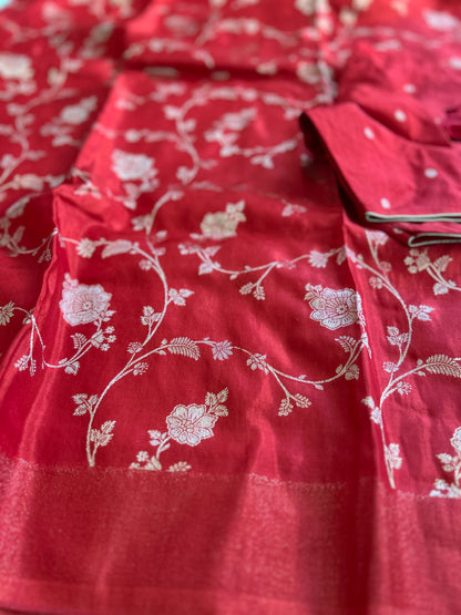 Red on Red Broderless Moonga Silk Saree
