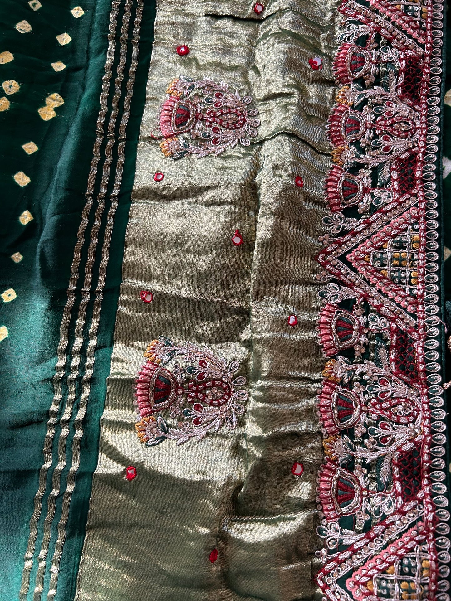 Dark Green Modal silk Bandhini saree with embroidered Border