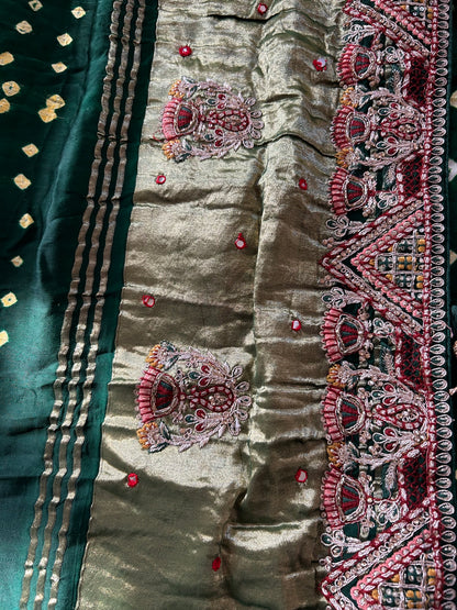 Dark Green Modal silk Bandhini saree with embroidered Border