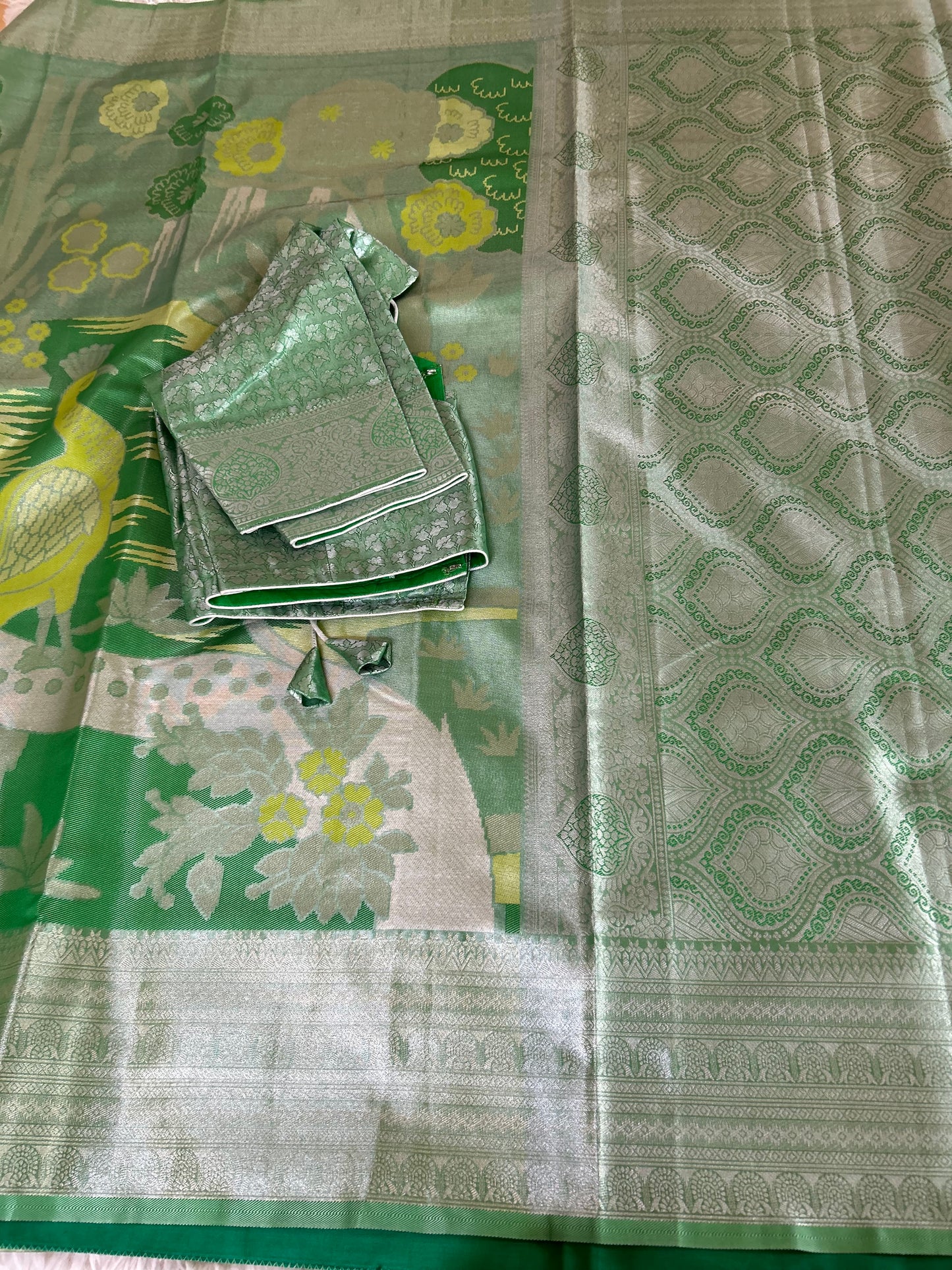 Designer Tissue Banarasi Saree with peacocks in Green