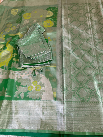 Designer Tissue Banarasi Saree with peacocks in Green