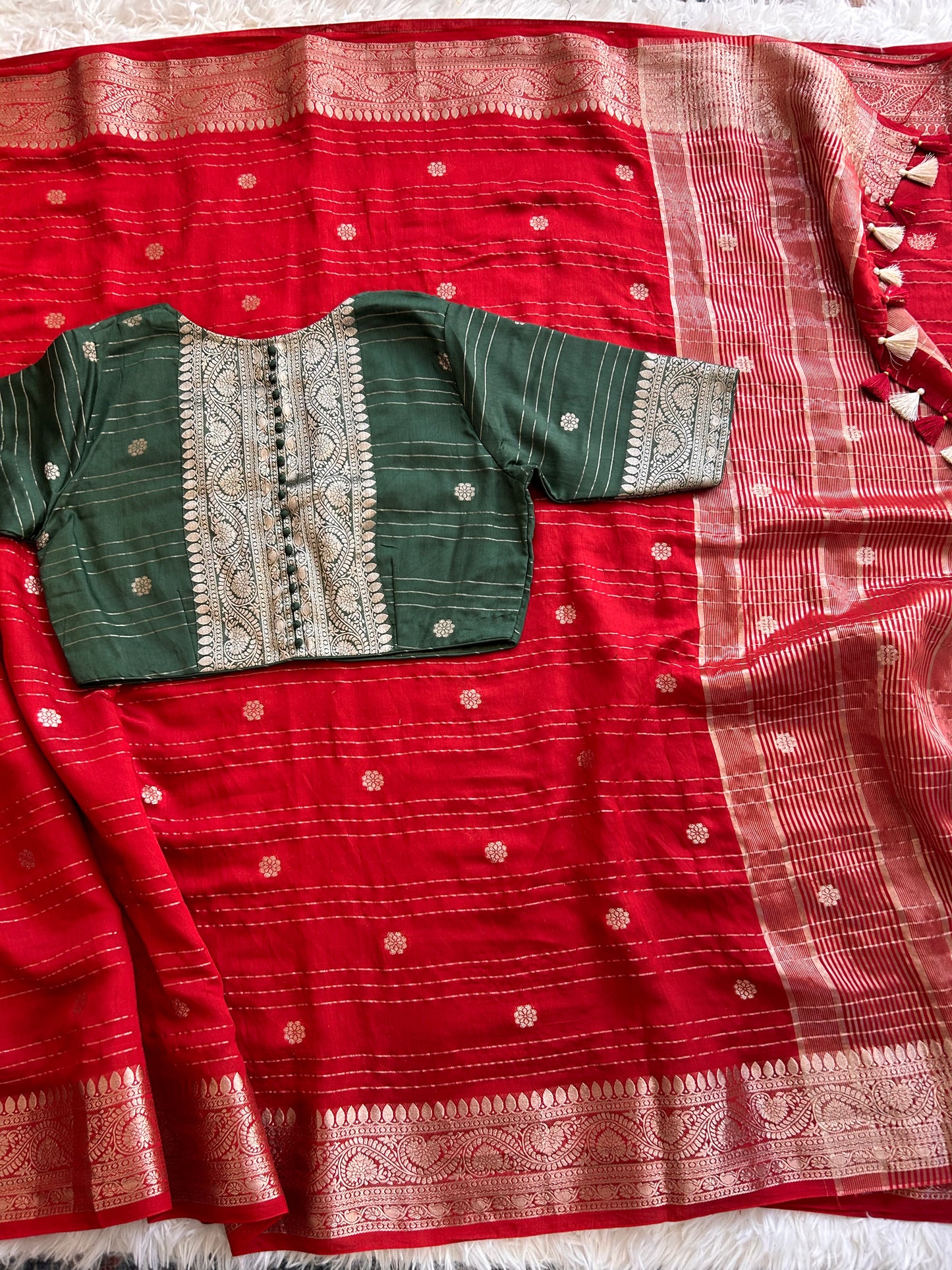 Chiffon Saree in Red with Green Blouse
