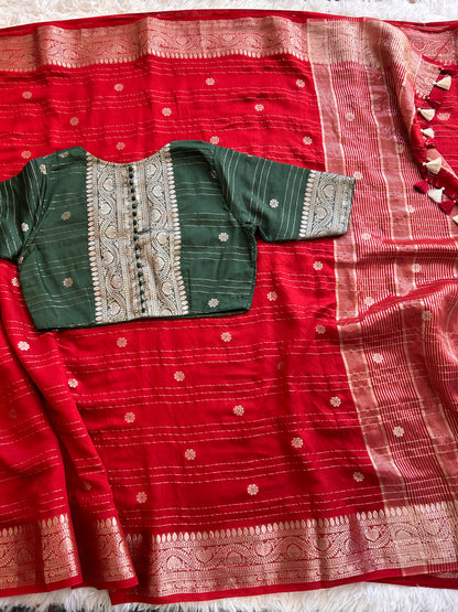 Chiffon Saree in Red with Green Blouse